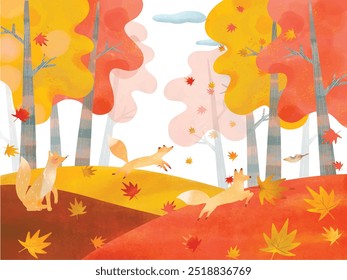 autumn leaves background-Cute vector frame illustration of a Scandinavian landscape, fashionable autumn plants, and a mother fox and her children.