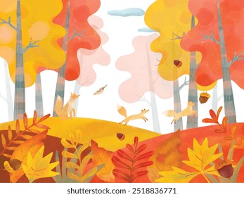 autumn leaves background-Cute vector frame illustration of a Scandinavian landscape, fashionable autumn plants, and a mother fox and her children.