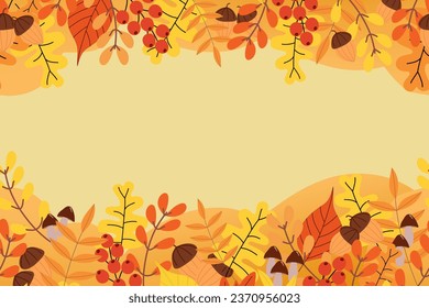 Autumn Leaves Background.Oak, maple leaves, Acorn, berry. Vector cartoon in Fall season forest orange leaves sunset colour. Illustration Autumn banner poster Copy space. 