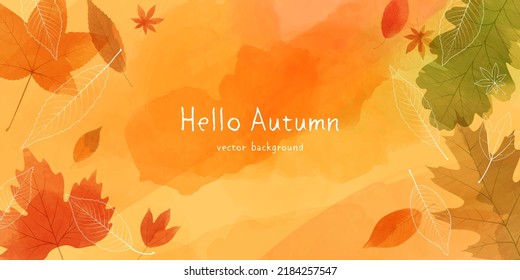 Autumn leaves banner background with copy space. Vector illustration of botanical leaves watercolor and line art.