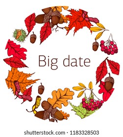 autumn leaves banner, big date, round, isolated on white background vector, hand drawing