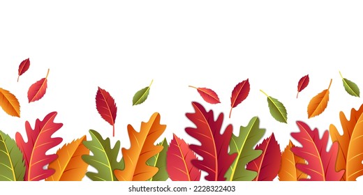 Autumn leaves banner, fall frame isolated on white. Beautiful thanksgiving festive, sale header or border, yellow and orange foliage. Season poster. Vector design garish nature background