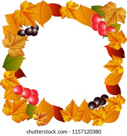Autumn leaves, berries, currants and cherries in the form of a frame. Vector Illustration