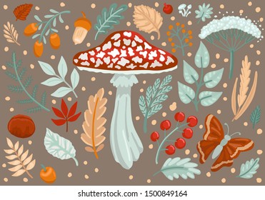 Autumn leaves and berries. Cute illustration of mushrooms, branches, acorns and butterfly. The autumn palette. Concept for greeting cards, harvest holiday. Flat style vector drawing.