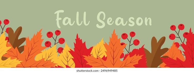 Autumn leaves and berries with fall season text on a green background for seasonal decoration. Fall season. Autumn cute cozy design elements