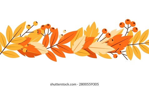 Autumn leaves and berries horizontal border decoration with graphic design seasonal decoration november september vegetation botanical
