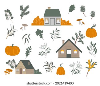 Autumn leaves and berries. Isolated on white background. Autumn Landscape with Wooden House, Pumpkins, Leaves, Tree vector illustration.