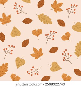 Autumn Leaves And Berries Pattern Background Vector Illustration