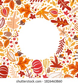 Autumn leaves, berries and pumpkins border frame background with space text. Seasonal floral maple oak tree orange leaves for Thanksgiving Day.