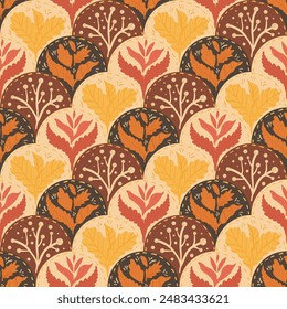 Autumn leaves and berries scallop seamless pattern. Fall forest repeat background. Vector hand drawn flat illustration.
