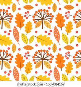 Autumn leaves and berries seamless pattern. Vector illustration.
