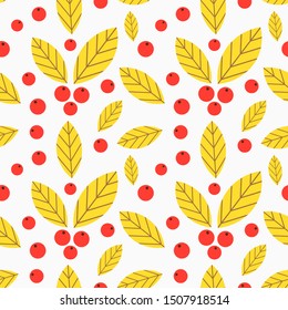 Autumn leaves and berries seamless pattern. Vector illustration.