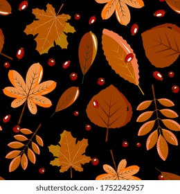 Autumn leaves and berries seamless pattern. Forest background with leaves.