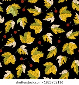 autumn leaves and berries seamless  pattern. botanical sketch, outline. Hand drawing ink. For packaging, wallpaper, fabric, wrapping, invitations