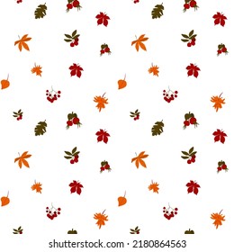 Autumn leaves and berries seamless pattern. Vector doodle print for fabric, textile, wrapping paper, wallpaper, nursery