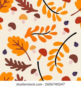 Autumn Leaves with Berries. Seamless pattern background ideal for wrapping paper, fabric, textile etc.