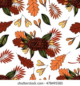 Autumn leaves and berries seamless pattern. 