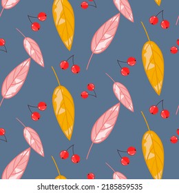 hojas de otoño y bayas diseño vectorial sin fisuras, plantas de caída fondo sin fisuras
