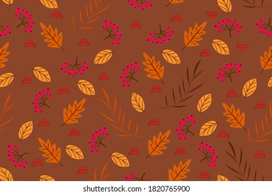 Autumn leaves and berries. Seasonal seamless pattern. For fabric, textile and background. Vector illustration.