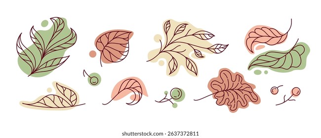 Autumn leaves and berries set warm vector line art in earthy and muted tones. Ideal for seasonal cards, eco packaging, stickers, digital scrapbooking, and cozy fall illustrations.