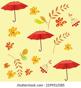 Autumn leaves, berries, umbrella pattern.