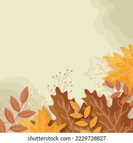 Autumn Leaves With Berry Stem Against Beige Background And Copy Space.