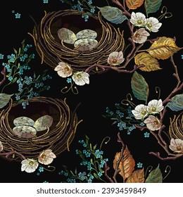 Autumn leaves, bird nest and flowering apple tree flowers. Embroidery design. Template for design of clothes, tapestry. Fashion garden style. Seamless pattern. Fall forest