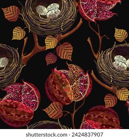 Autumn leaves, bird nest and pomegranate fruits. Embroidery 
seamless pattern. Autumn harvest art. Fashion template for clothes, t-shirt design, textile