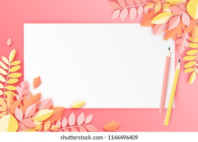 Autumn leaves, blank sheet of paper and pencil, pastel colored background. Trendy origami paper cut style vector illustration