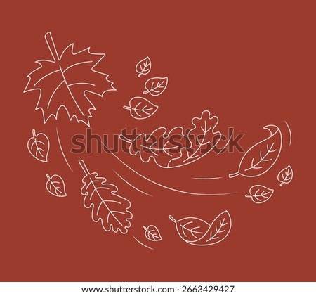 Autumn leaves blowing in the wind. Editable stroke. Minimal line art illustration with maple, oak, and other leaves on a red background. Seasonal fall design, simple white contour drawing for nature