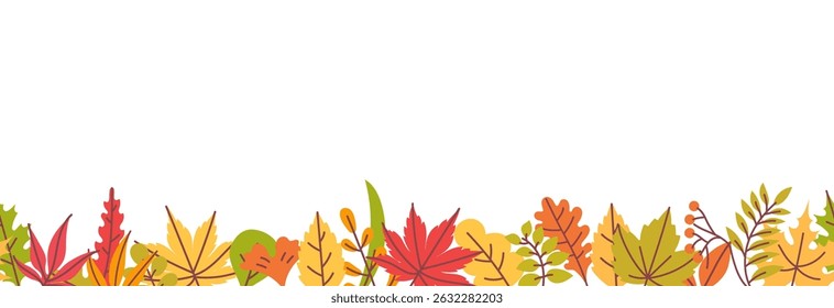 Autumn leaves border. Fall leaves orange, red and green frame, yellow leaf horizontal border for Thanksgiving, fall sale season banner. Colorful foliage vector background.