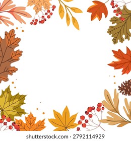 Autumn leaves border frame featuring colorful maple and oak foliage, seasonal nature elements, and spacious copy space on a light background for fall designs, invitations, greetings, banners. Vector
