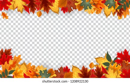 Autumn leaves  border frame with space text on transparent background. Can be used for thanksgiving, harvest holiday,  decoration and design. Vector Illustration EPS10