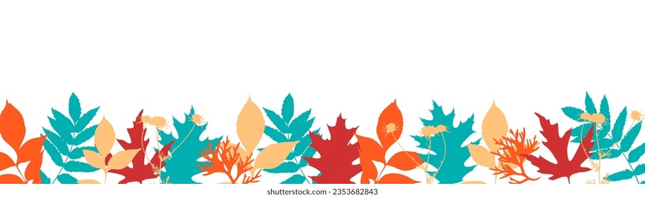 Autumn leaves border. Horizontal botanical decor, nature banner. Flat graphic vector illustration isolated on white background. Vector illustration