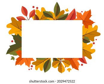 Autumn Leaves Border isolated on White. Red, yellow and orange fall leaves with copy space. Fall foliage frame for text. Vector illustration.