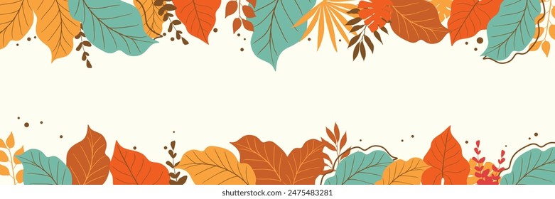  Autumn Leaves Border isolated on White. Red, yellow and orange fall leaves with copy space. Fall foliage frame for text. Editable vector illustration