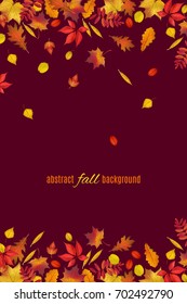 Autumn leaves border isolated on dark brown background. Abstract fall background for your greeting cards design or website. Vector illustration.