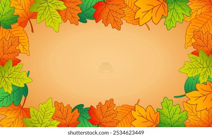 autumn leaves border in a light background with various shapes and sizes of leaves, including maple, oak, and elm, scattered across a cream-colored background. Perfect for fall-themed designs.