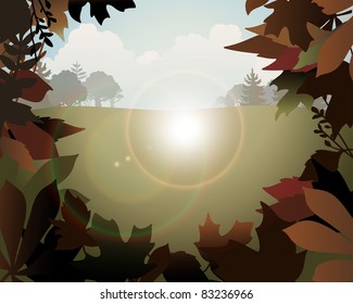 autumn leaves border over landscape