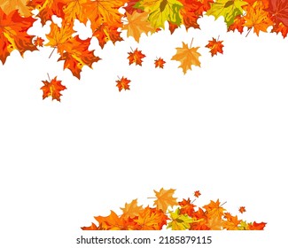 Autumn Leaves Border. Red, yellow and orange color fall leaves with copy space. Fall foliage frame for text. Editable vector illustration.