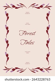 Autumn leaves and botanical elements forming elegant vertical decorative frame in flat textured style. Hand drawn symmetrical composition. Illustration for posters, invitations, banners, cards