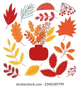 Autumn leaves bouquet vector set. Flat autumn foliage and berries set.