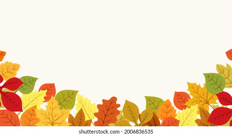 Autumn leaves branch border. Abstract fall branches background, yellow and red leafes banner frame vector illustration