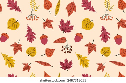 Autumn leaves, branches and berries. Fall seamless pattern. Botanical vector background. Simple autumn wallpaper. 