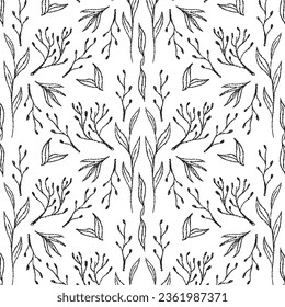Autumn leaves and branches doodle pattern, on transparent background, seamless vector pattern, waiting for packaging and textile design
