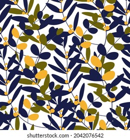 Autumn leaves and branches, foliage and greenery of autumnal season. Twigs and botany, flora and botanic elements, trendy ornaments for fabric. Seamless pattern, background or print, vector in flat