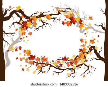 Autumn leaves and branches frame. Nature design background. Fall maple leaves illustration.