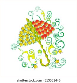 Autumn leaves. A bright umbrella from a rain. Vector illustration.
