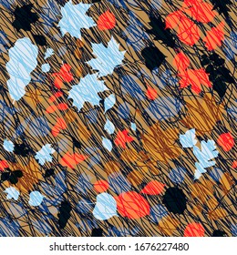 Autumn leaves. Brown, blue, red, black, orange seamless texture. Motion effect. Diagonal hand drawn lines. Abstract vector background for web page, banners backdrop, fabric, home decor, wrapping