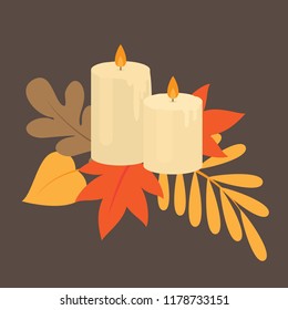 Autumn leaves and burning aromatic candles, fall nature. Thanksgiving card vector illustration